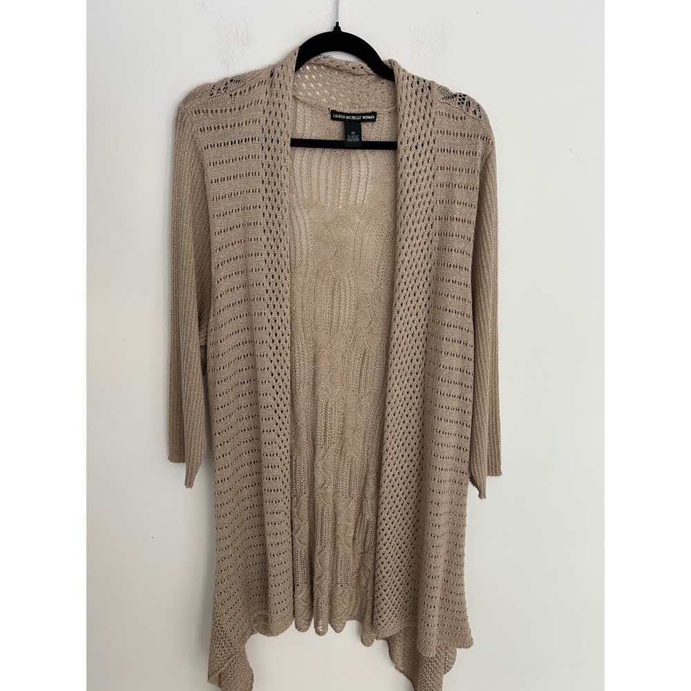 Lauren Michelle Woman Tan Beige Pointelle Knit Open Front Cardigan 2X Sharkbite